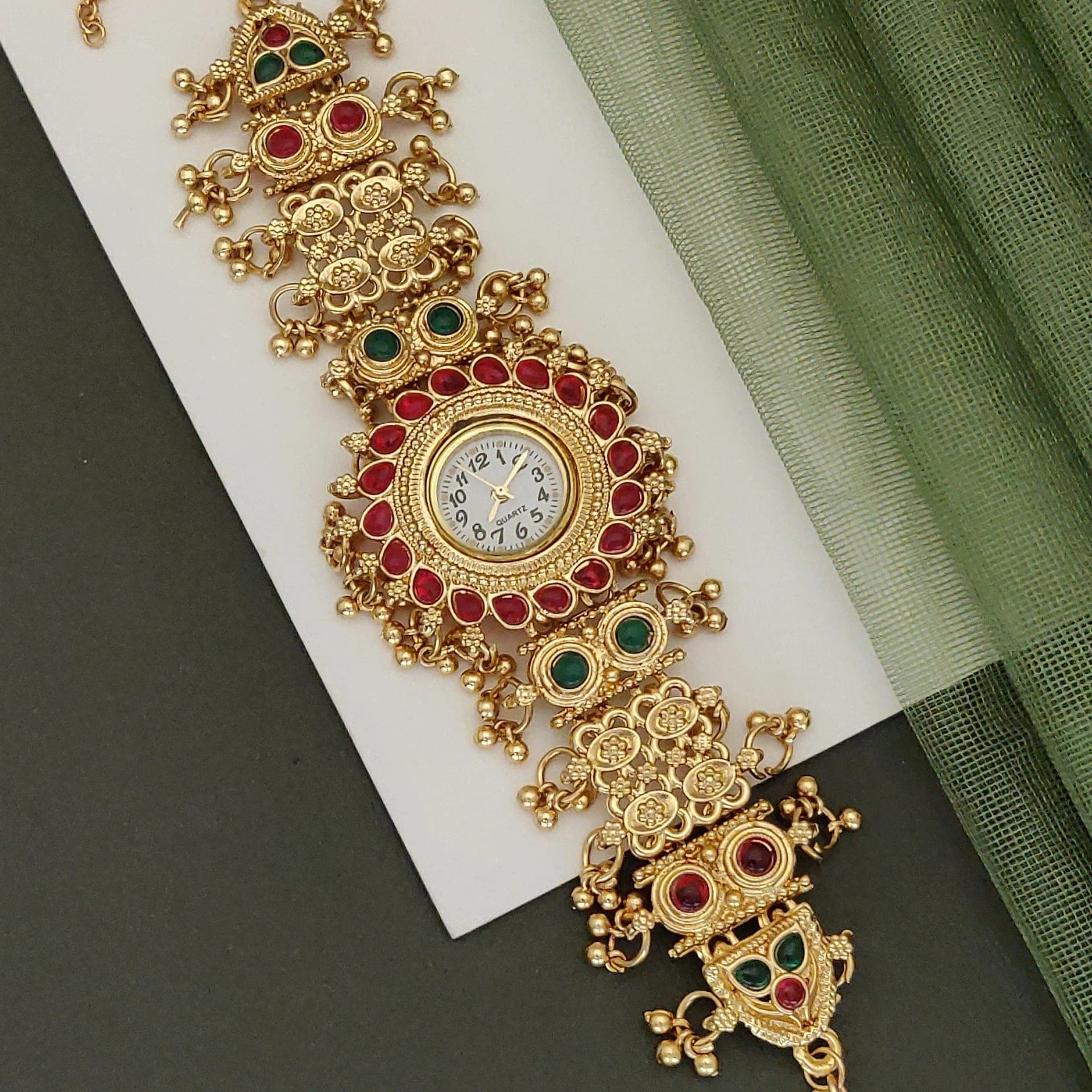 Royal Rajasthani Kundan Bracelet Watch Combo for Women – Red & Green Ethnic Collection - photo 3