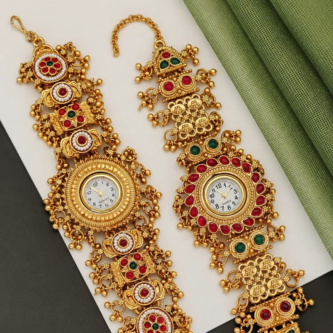 Royal Rajasthani Kundan Bracelet Watch Combo for Women – Red & Green Ethnic Collection - photo 4
