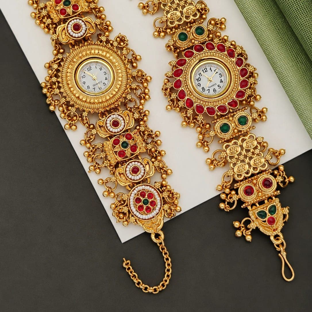 Royal Rajasthani Kundan Bracelet Watch Combo for Women – Red & Green Ethnic Collection - photo 5
